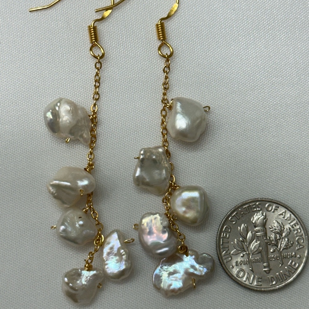 White Keshi Dangle Earrings - 14K YG over 925 Sterling Silver - Picture 3 of 6